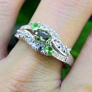Natural Moldavite, Tsavorite, Diamond, & Topaz ring, Size 8 US