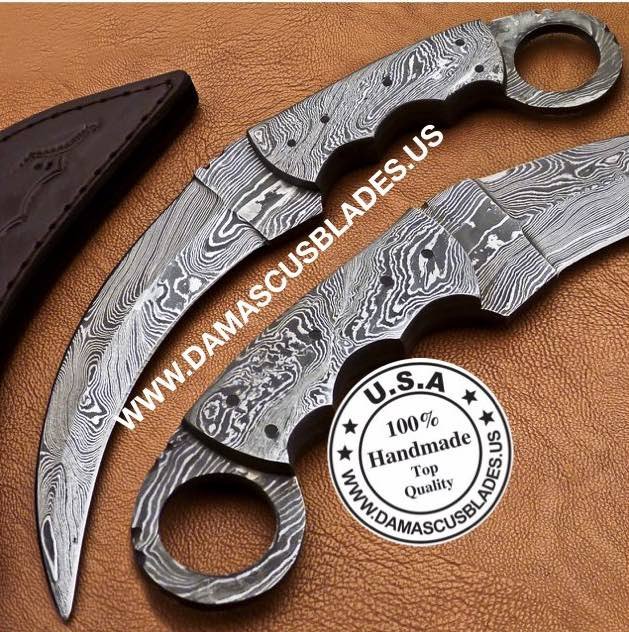 Handmade damascus hunting karambit knife Double edge (comes with sheath)