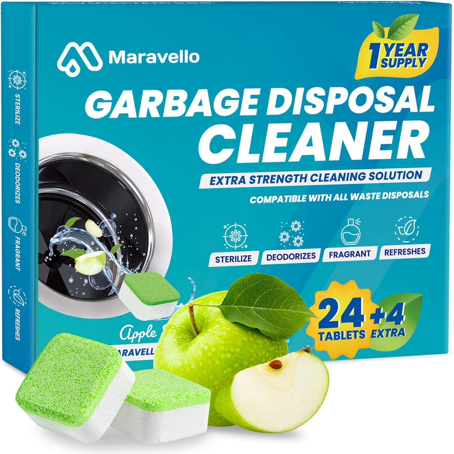 Maravello  Extra-Strength Sink Disposal Cleaner with APPLE Scent, Foaming Formula, 24 Tablets
