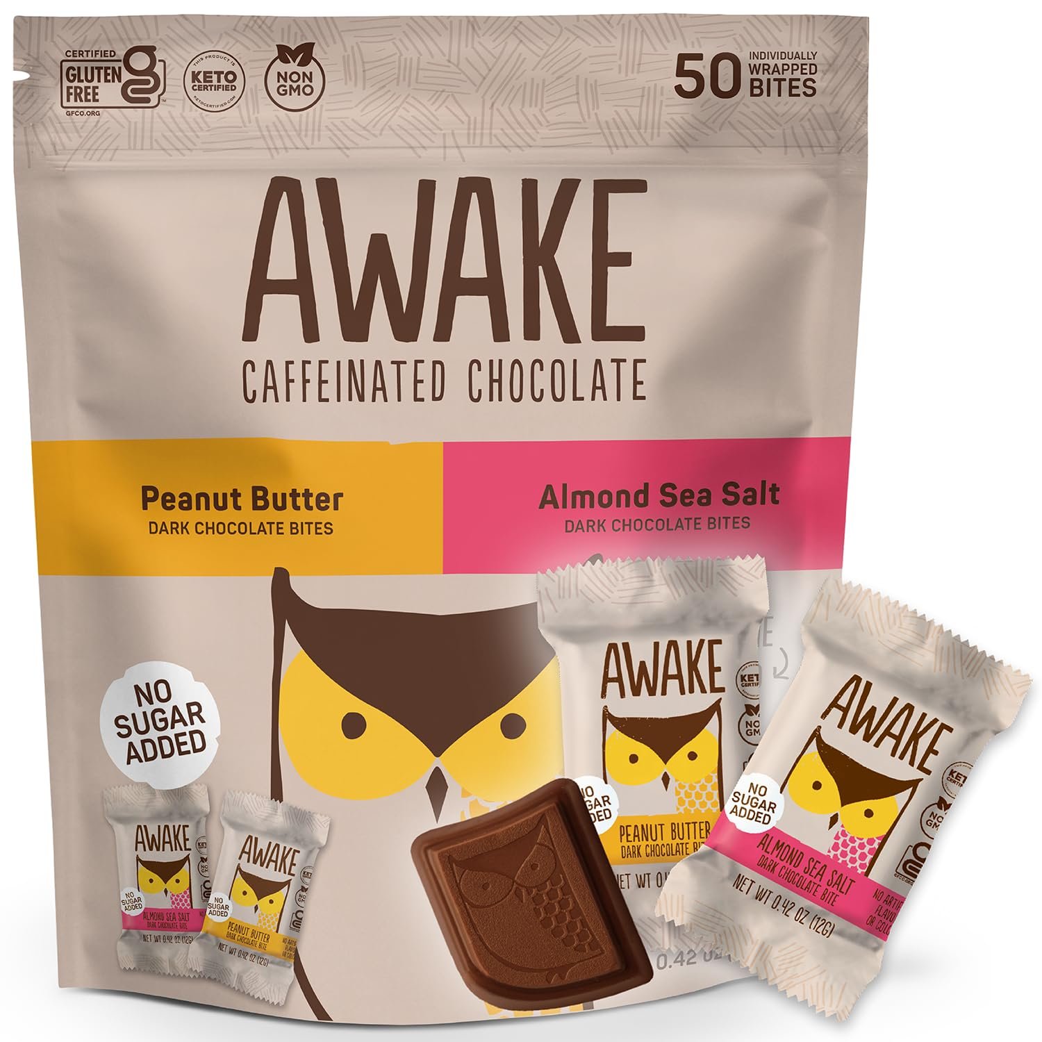 Awake No Sugar Added Caffeinated Peanut Butter & Almond Sea Salt , 50 Pack- From Canada