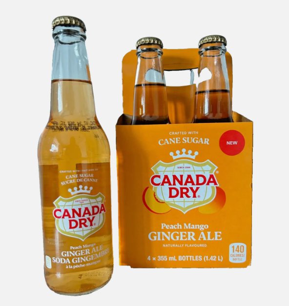 CANADA DRY -  Peach Mango Ginger Ale Glass Bottles, 4 Bottles 355ml Each  - From Canada