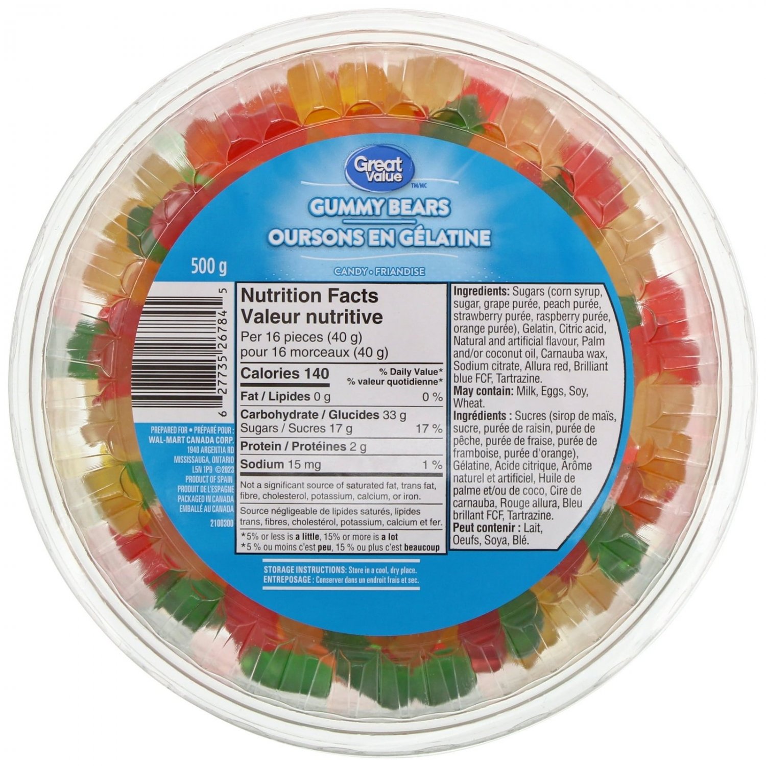 Great Value Gummy Bears Candy, 500g/1.1 lb., Tub