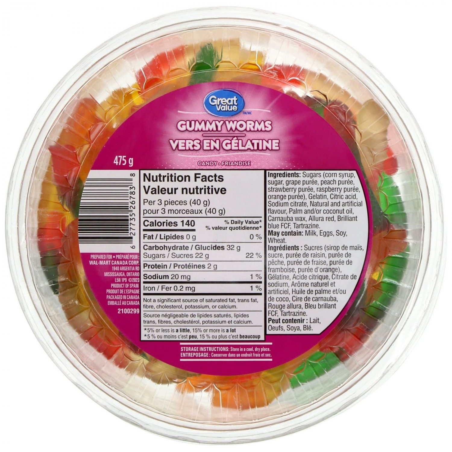 Great Value Gummy Worms Candy, 475g/1.1 lb., Tub