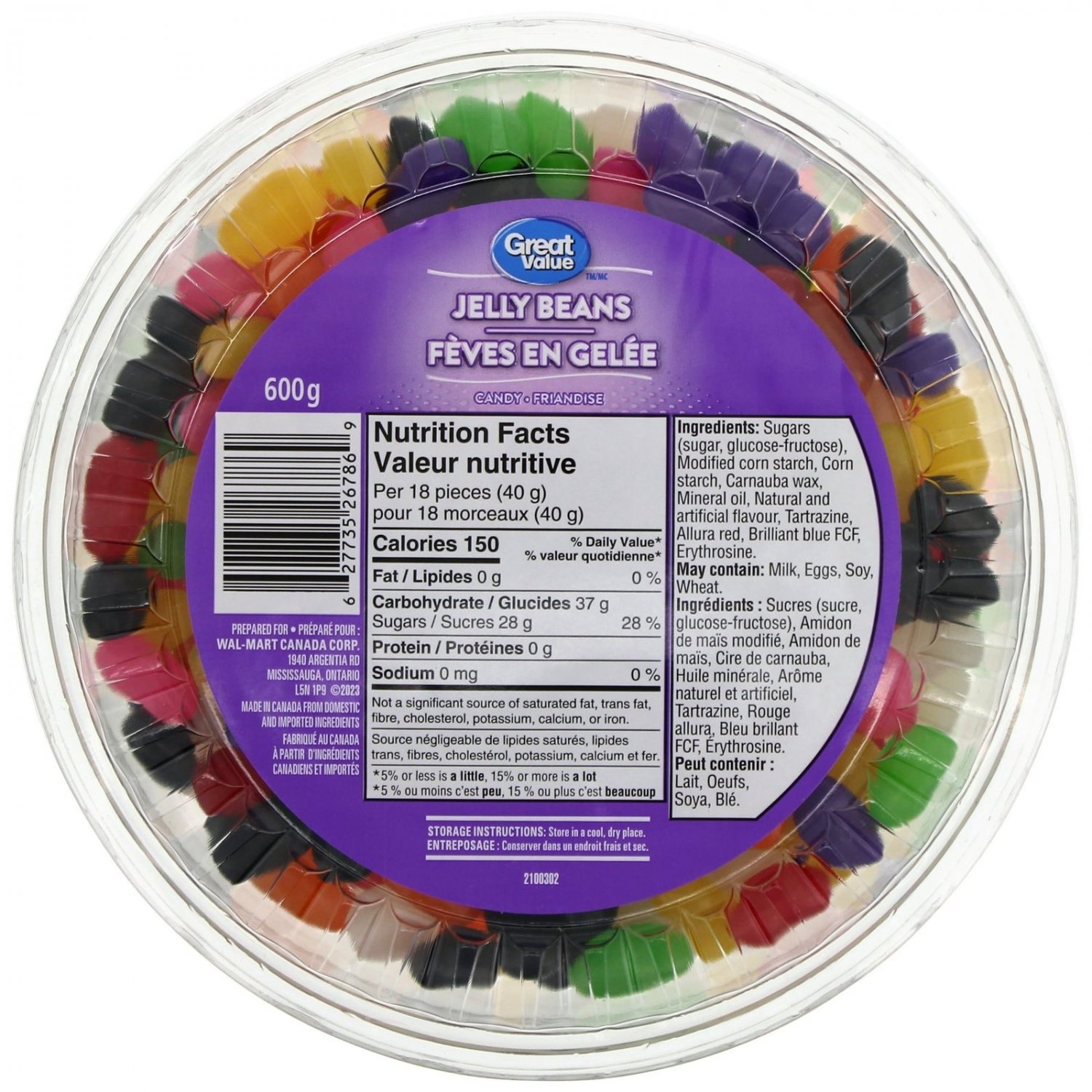 Great Value Jelly Beans Candy, 600g/1.3 lb., Tub