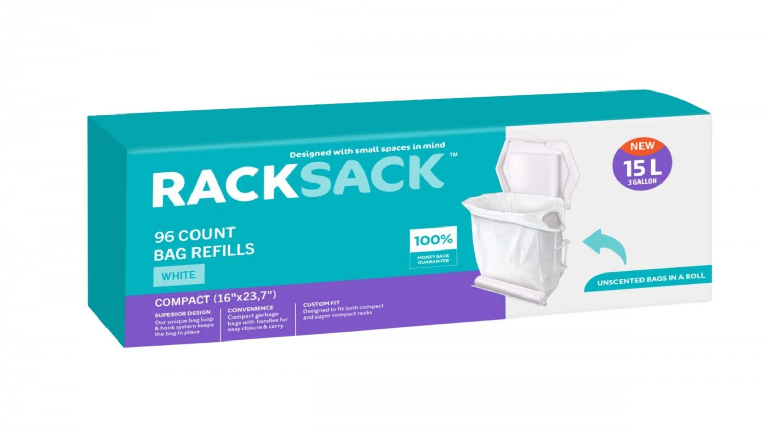 Rack Sack Roll Unscented Garbage Bags with Handles, 96-pk, White, 15-L