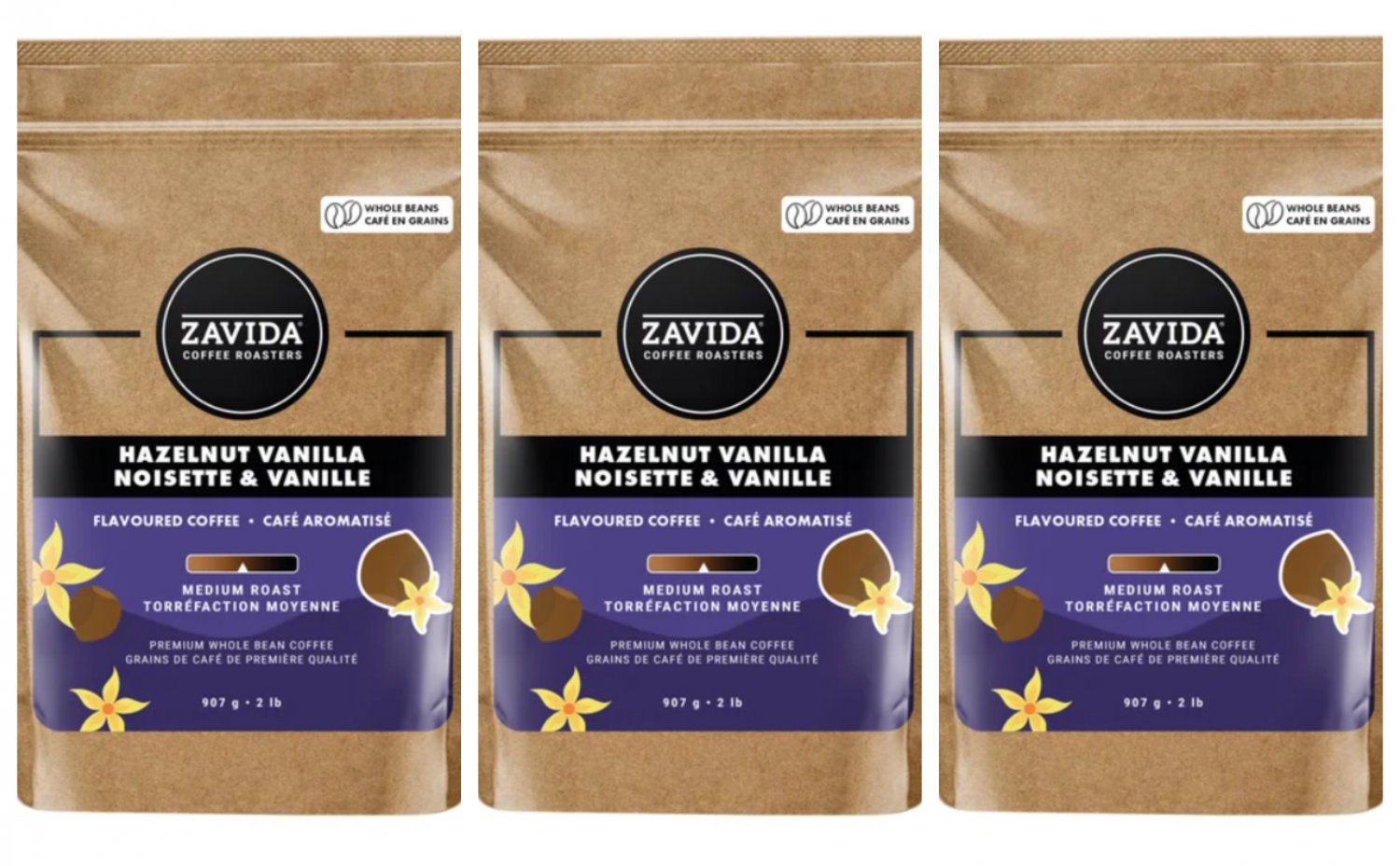Zavida Hazelnut Vanilla Flavored Coffee Beans 907g Each 3 Bags