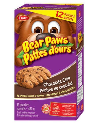 Dare Bear Paws, Chocolate Chip Soft Cookies, 480g/16.9 oz., x 12 Pouches
