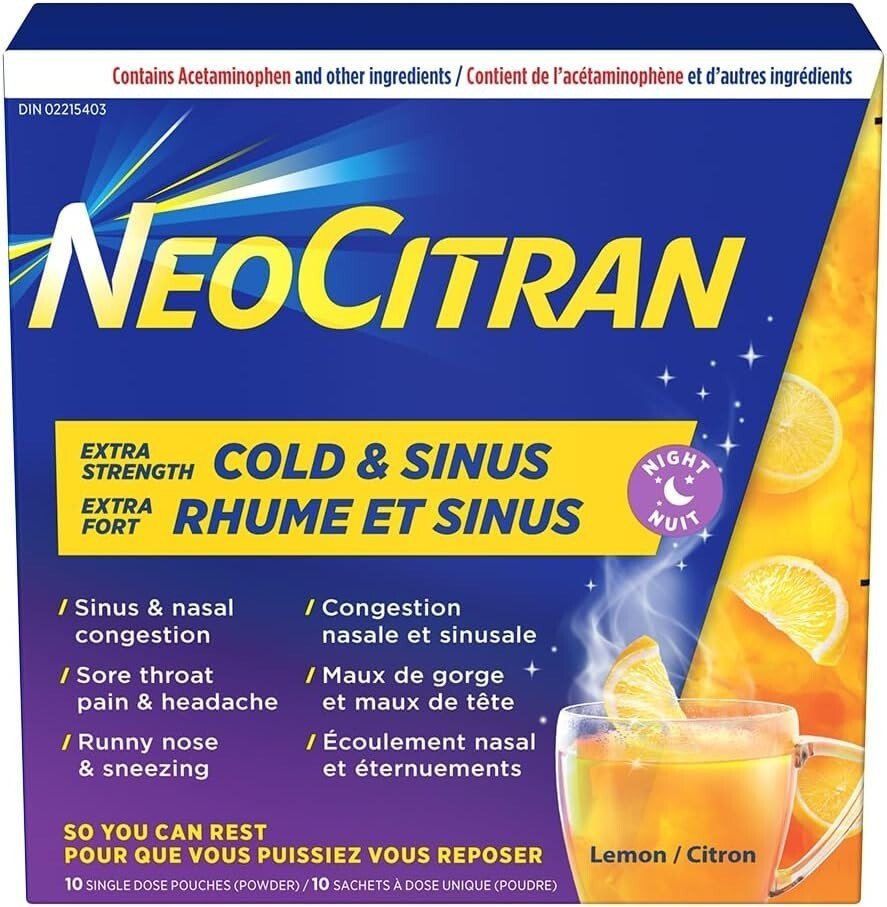 NeoCitran ES Cold & Sinus Night Lemon 10 Pouches Nighttime Cold Relief Powder