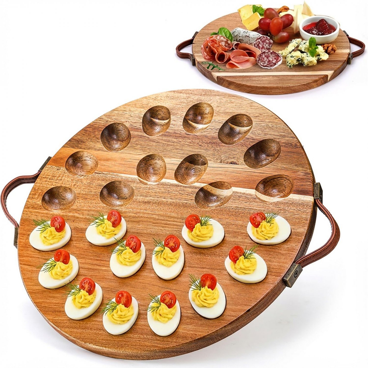Acacia Wood Deviled Egg Platter 24 Holes Round Serving Tray with Handles
