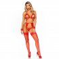 Four Pieces Set Bra, G-string, Garter Belt and Wrist Cuffs One Size, Red
