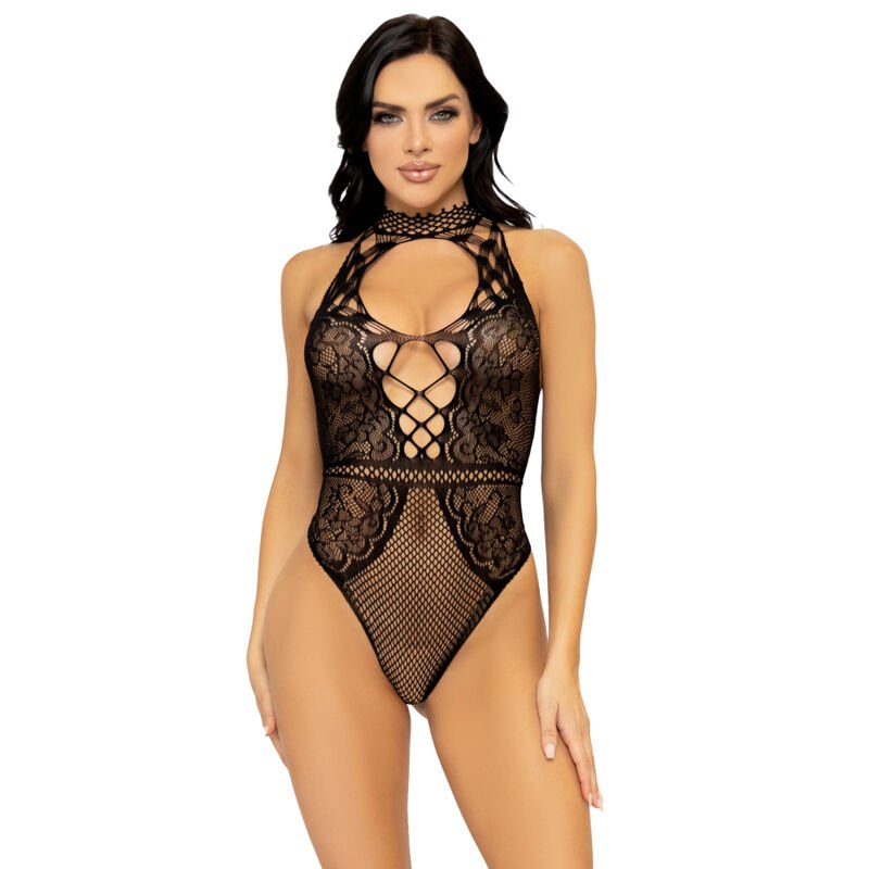 Leg Avenue Net & Lace Keyhole Bodysuit One Size - Black
