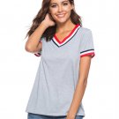 Color Strip V-neck Short-sleeved Cotton T-shirt