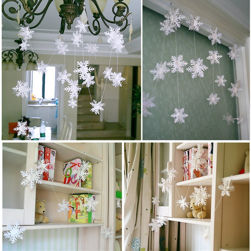 12Pcs 3D Solid Silver White Cardboard String Snowflake Hanging Decorations Pull Strings
