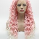 Synthetic Lace Front Wig Curly Long 26inch Pink and White Wig Heat Resistant Realistic