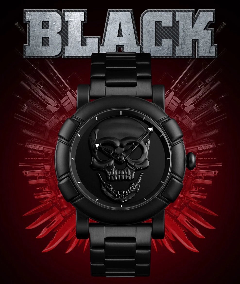 Crazy Black Skull Head Stainless Steel Quartz Waterproof Watch Free Shipping
