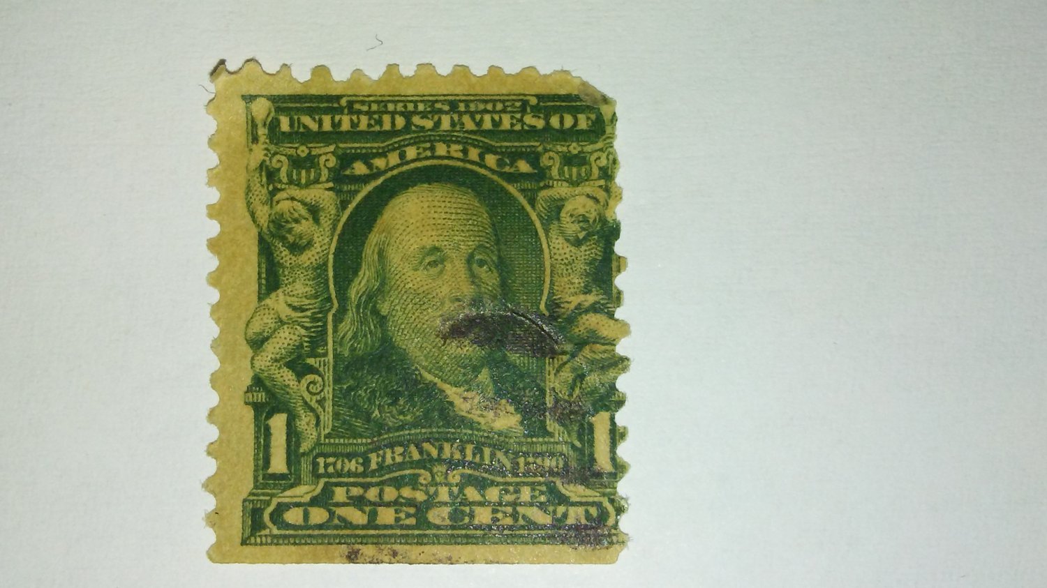 Benjamin Franklin 1 Cent Stamp No Gum As Issue 1902 Perforation Error