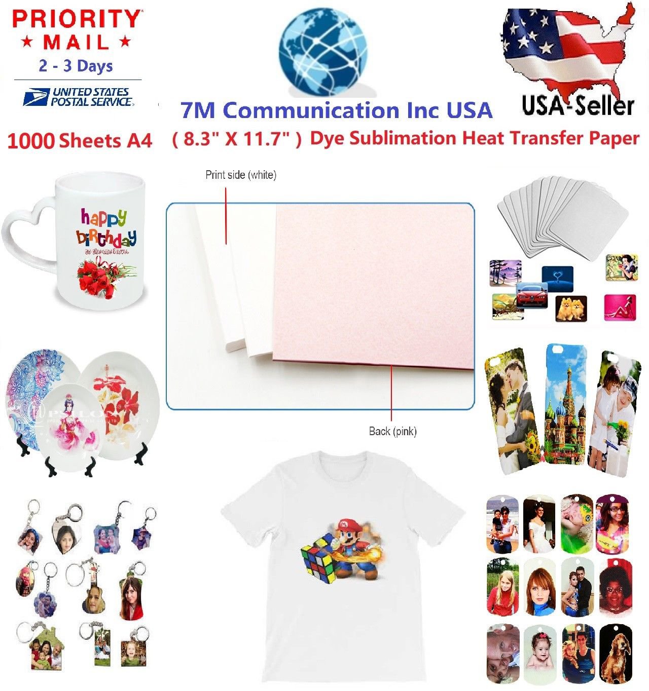 1000 Sheets A4 Dye Sublimation Heat Transfer Paper for Polyester Cotton T- Shirt