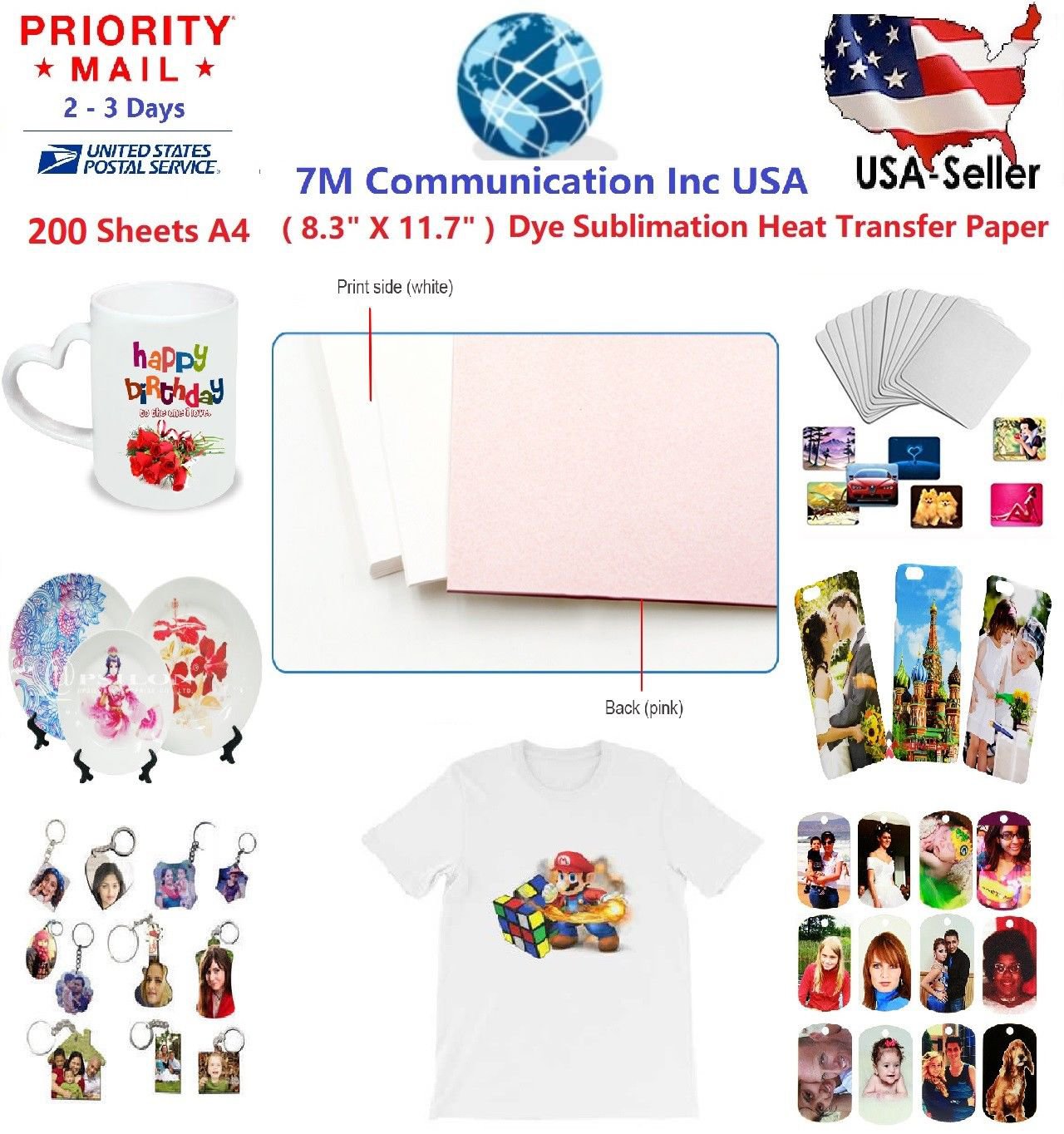 200 Sheet A4 Sublimation Heat Transfer Paper for Mug Cup Plate Cotton T- Shirt