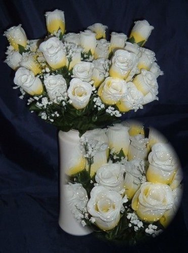 84 Silk Rose Flowers w/Raindrops -Wedding Flowers Bridal/Floral - Yellow/White