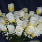 84 Silk Rose Flowers w/Raindrops -Wedding Flowers Bridal/Floral - Yellow/White