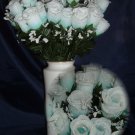 84 Silk Rose Flowers w/Raindrops -Wedding Flowers Bridal/Floral - Aqua / White
