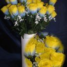 84 Silk Rose Flowers w/Raindrops -Wedding Flowers Bridal/Floral - Blue / Yellow