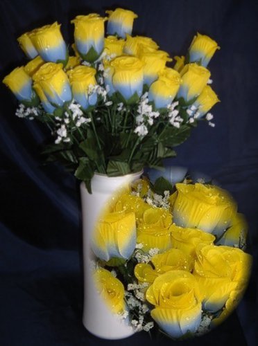 84 Silk Rose Flowers w/Raindrops -Wedding Flowers Bridal/Floral - Blue / Yellow