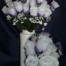 84 Silk Rose Flowers w/Raindrops -Wedding Flowers Bridal/Floral - Purple / White