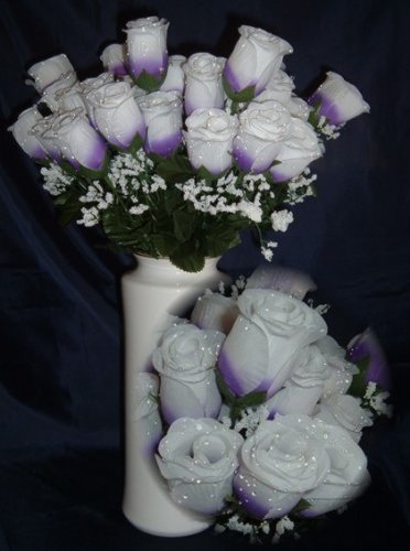 84 Silk Rose Flowers w/Raindrops -Wedding Flowers Bridal/Floral - Purple / White