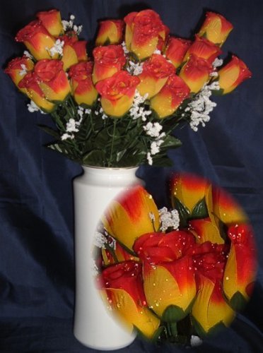 84 Silk Rose Flowers w/Raindrops -Wedding Flowers Bridal/Floral - Yellow / Red