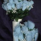84 Silk Rose Flowers w/Raindrops - Wedding Flowers - Bridal/Floral - Light Blue