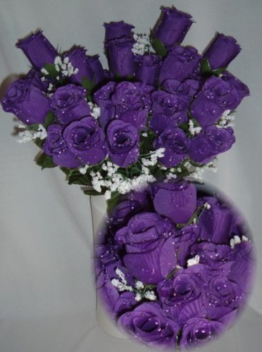 84 Silk Rose Flowers w/Raindrops - Wedding Flowers - Bridal/Floral - Purple