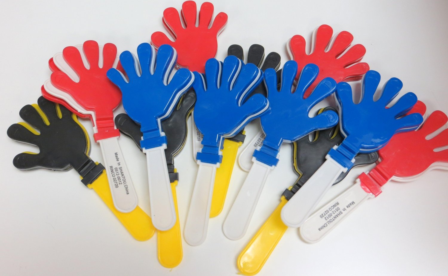 One Dozen 7.5" Clapper Hands (Red, Blue, Black & Gold)