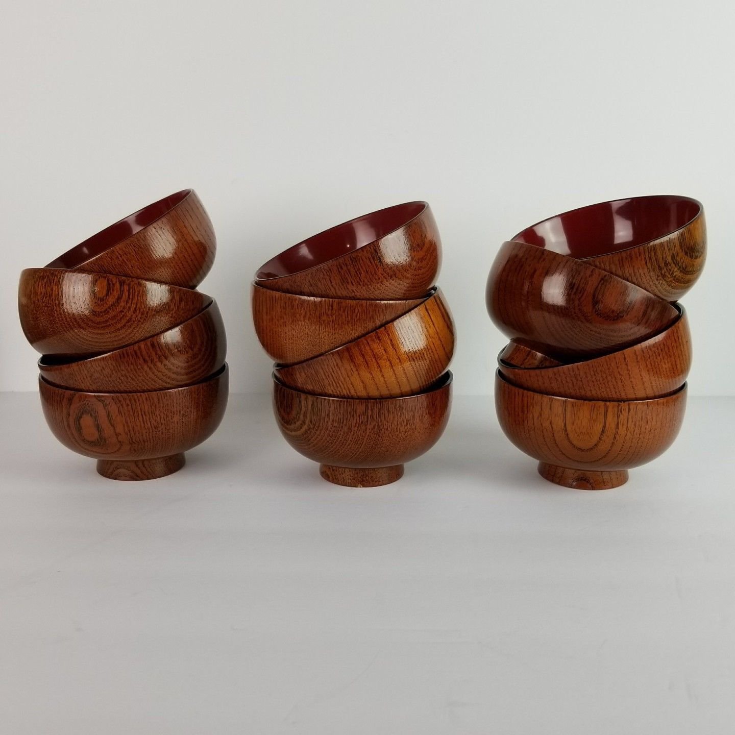 Vtg Japanese Wooden Rice Bowls Lacquered Wood Red Set Lot 12 Japan Mid