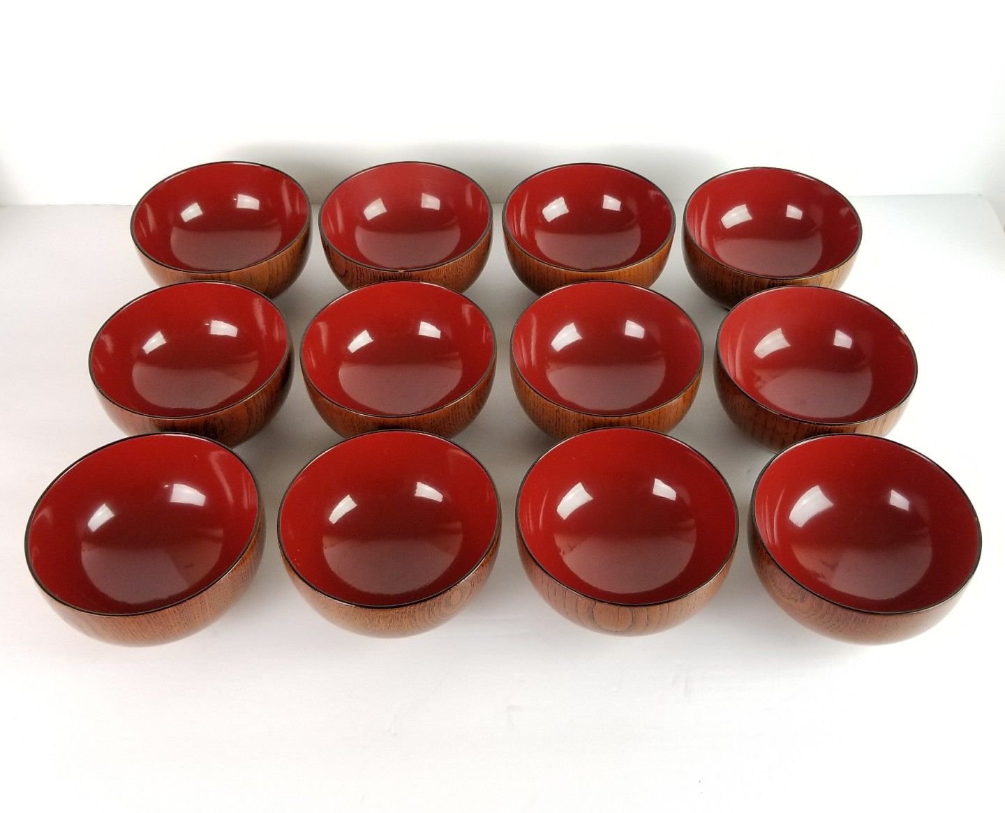 Vtg Japanese Wooden Rice Bowls Lacquered Wood Red Set Lot 12 Japan Mid