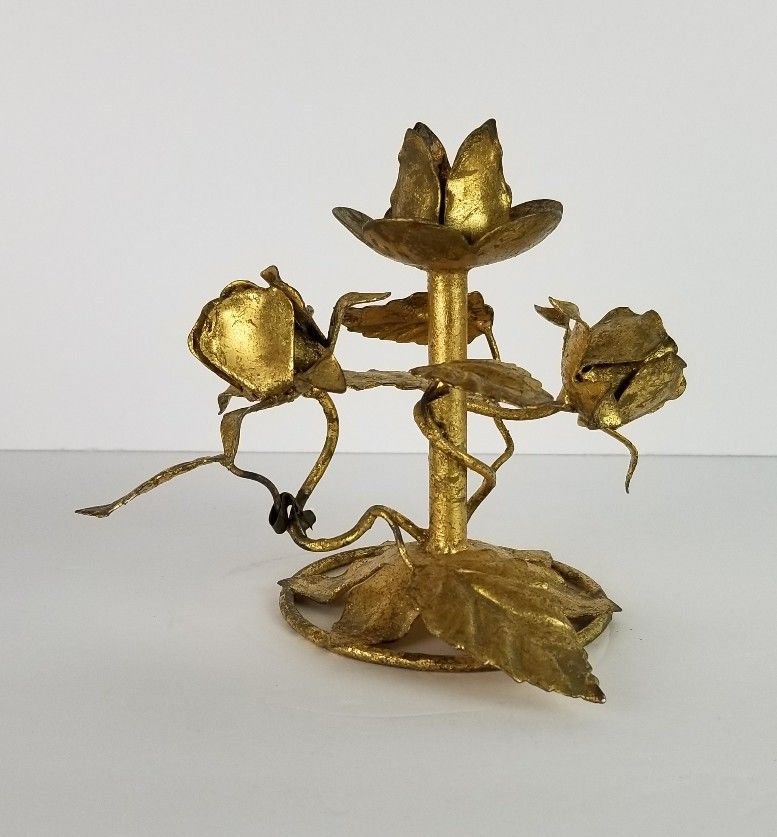 Vintage Gold Gilt Candle Holder Candlestick Italian Italy Hollywood Roses