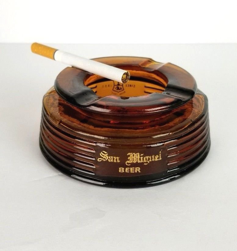 Mid Century Ashtray San Miguel Beer Amber Brown Bottle Glass Vtg