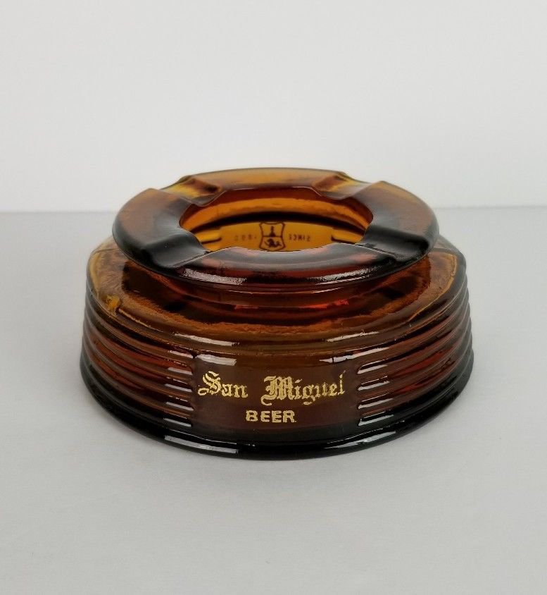 Mid Century Ashtray San Miguel Beer Amber Brown Bottle Glass Vtg