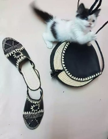 Moroccan hand braided wedges mules & bag made of raffia and leather