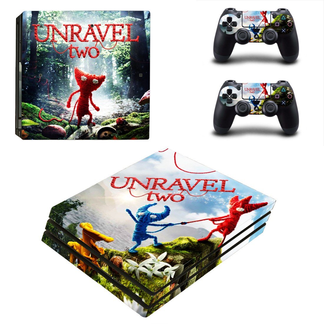 Unravel Two decal skin sticker for PS4 Pro console and controllers