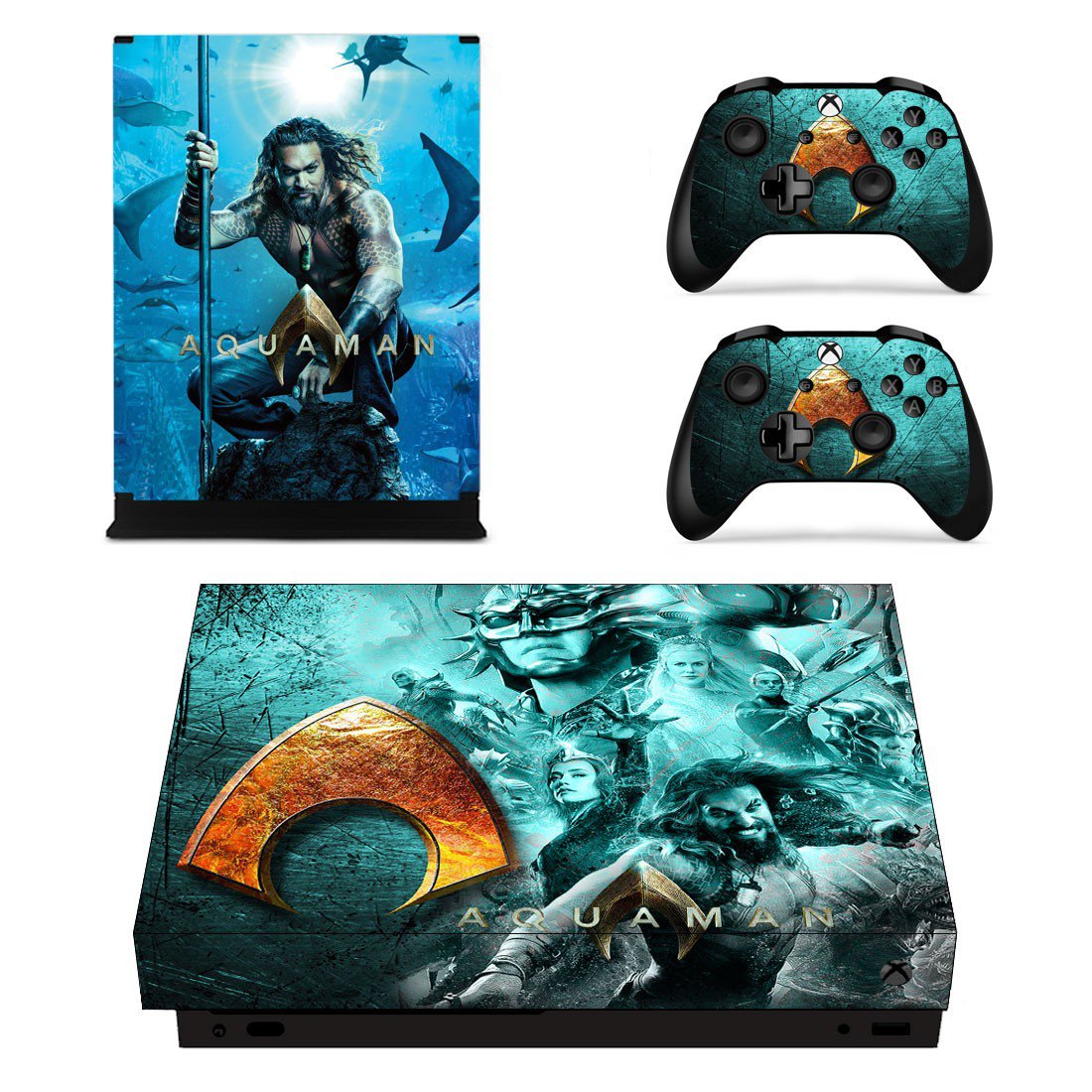 AquaMan decal skin sticker for Xbox One X console and controllers