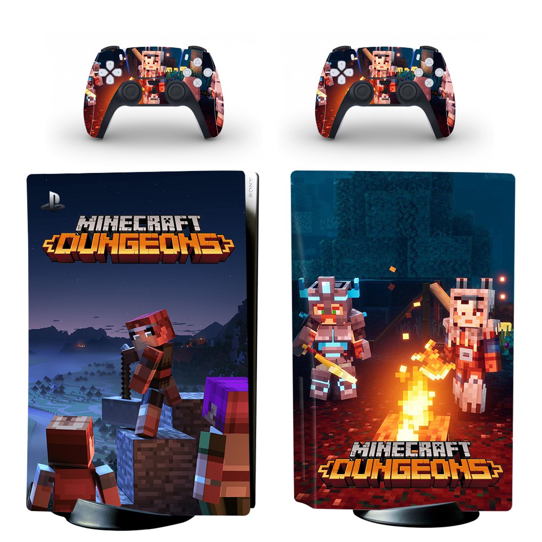 Minecraft Dungeons decal skin for PS5 disc Console with 2 Controllers