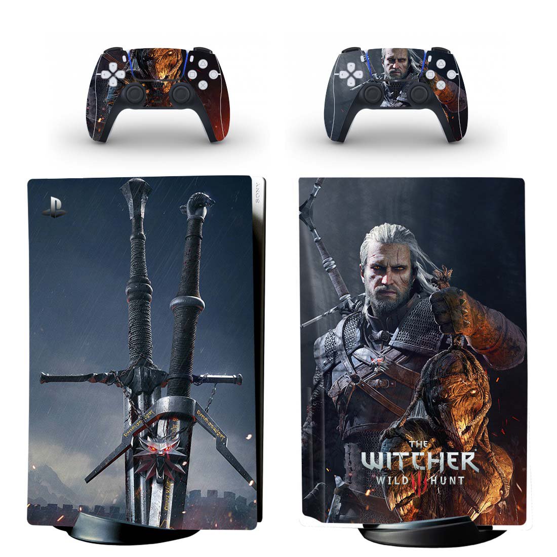 The Witcher Wild Hunt decal skin for PS5 disc Console with 2 Controllers