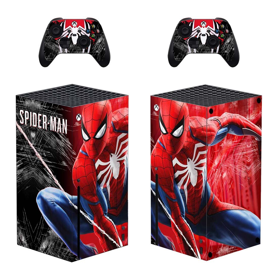 Spider Man decal skin sticker for Xbox Series X console with controllers
