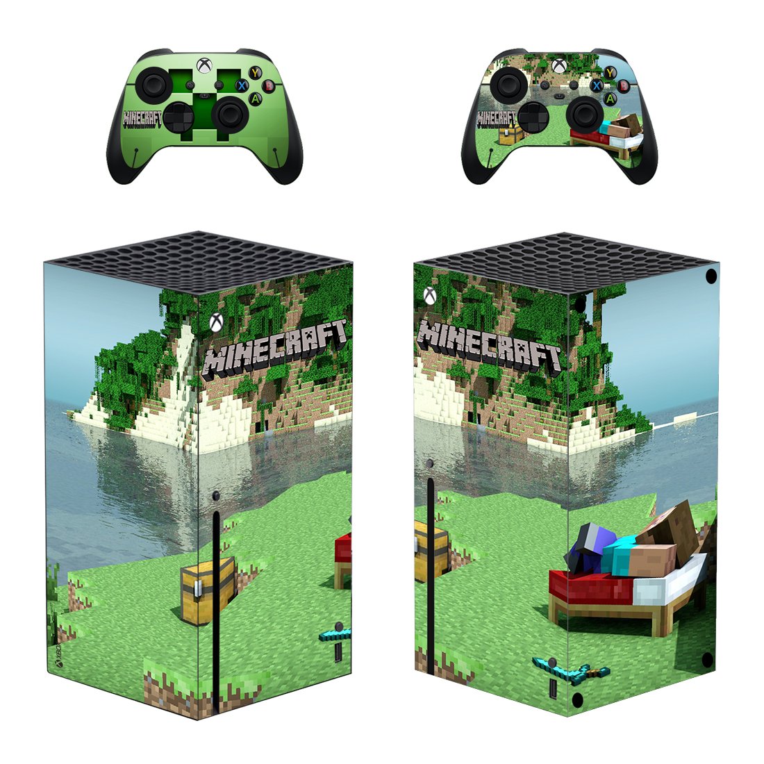 Minecraft decal skin sticker for Xbox Series X console with controllers