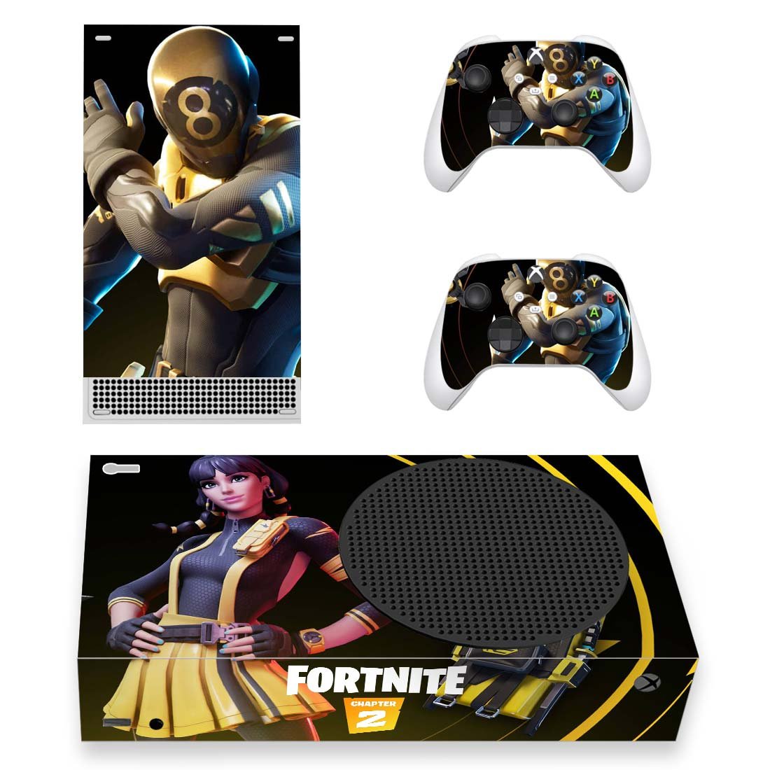 Fortnite decal skin sticker for Xbox Series S console with controllers