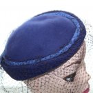 Vtg 30 40s Hat  Navy Blue Cloche Wool Up Brim  French Netting
