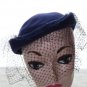 Vtg 30 40s Hat Navy Blue Cloche Wool Up Brim French Netting