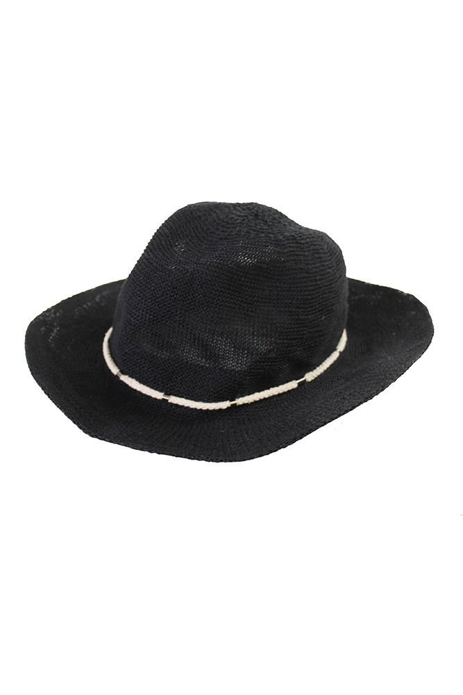 Vince Camuto Open Weave Floppy Panama Hat Metal And Rope Accent Black Adjustable