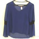 Blush Womens Chiffon Bell Sleeve w/Black Lace Inset Blouse Blue Large NWOT